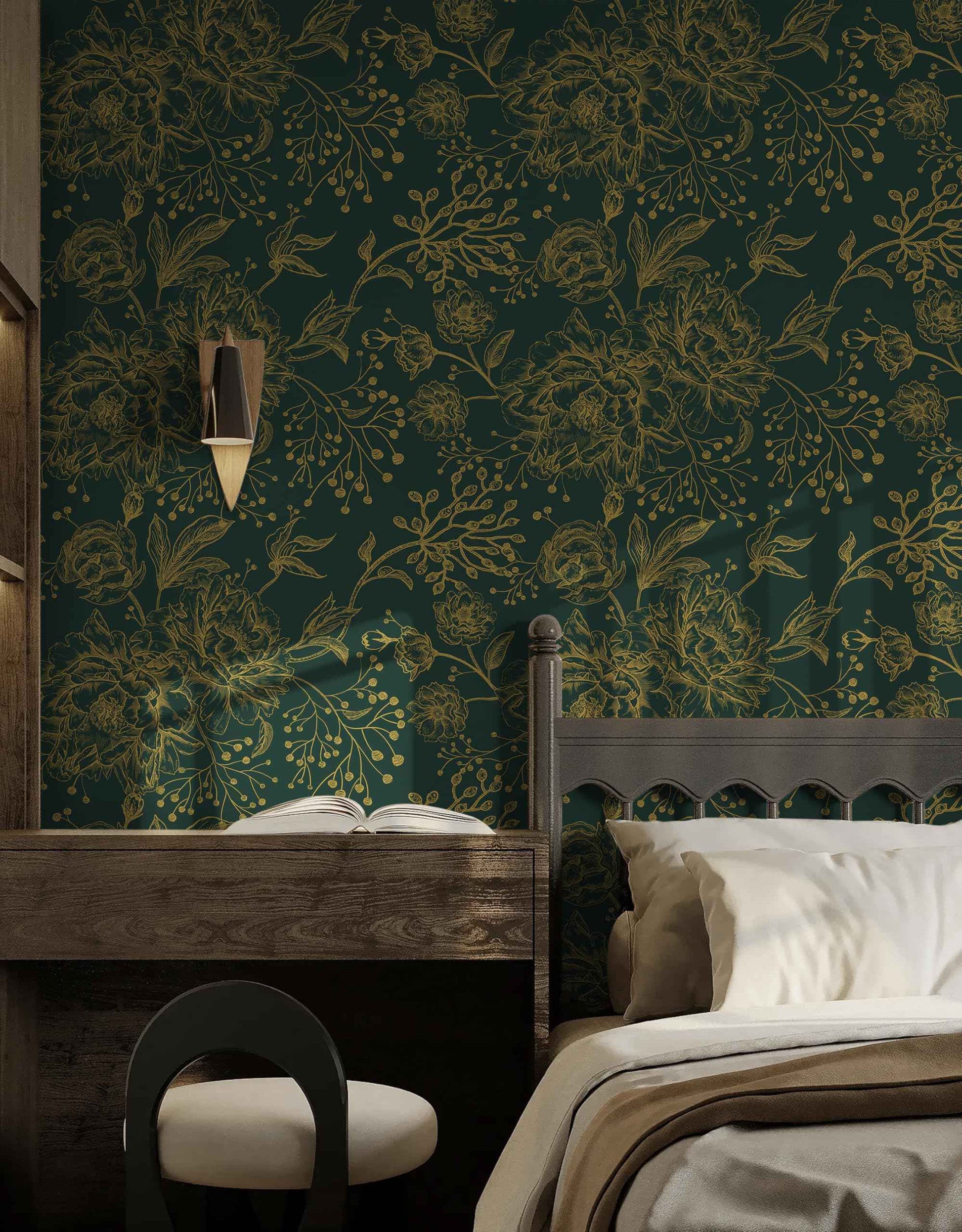 Safiyya Peel and Stick Wallpaper Boho Floral Contact Paper 196" x 17.3" Gold and Dark Green Wall Paper Modern Self Adhesive Removable Wallpaper for Bedroom Bathroom Vinyl Rolls