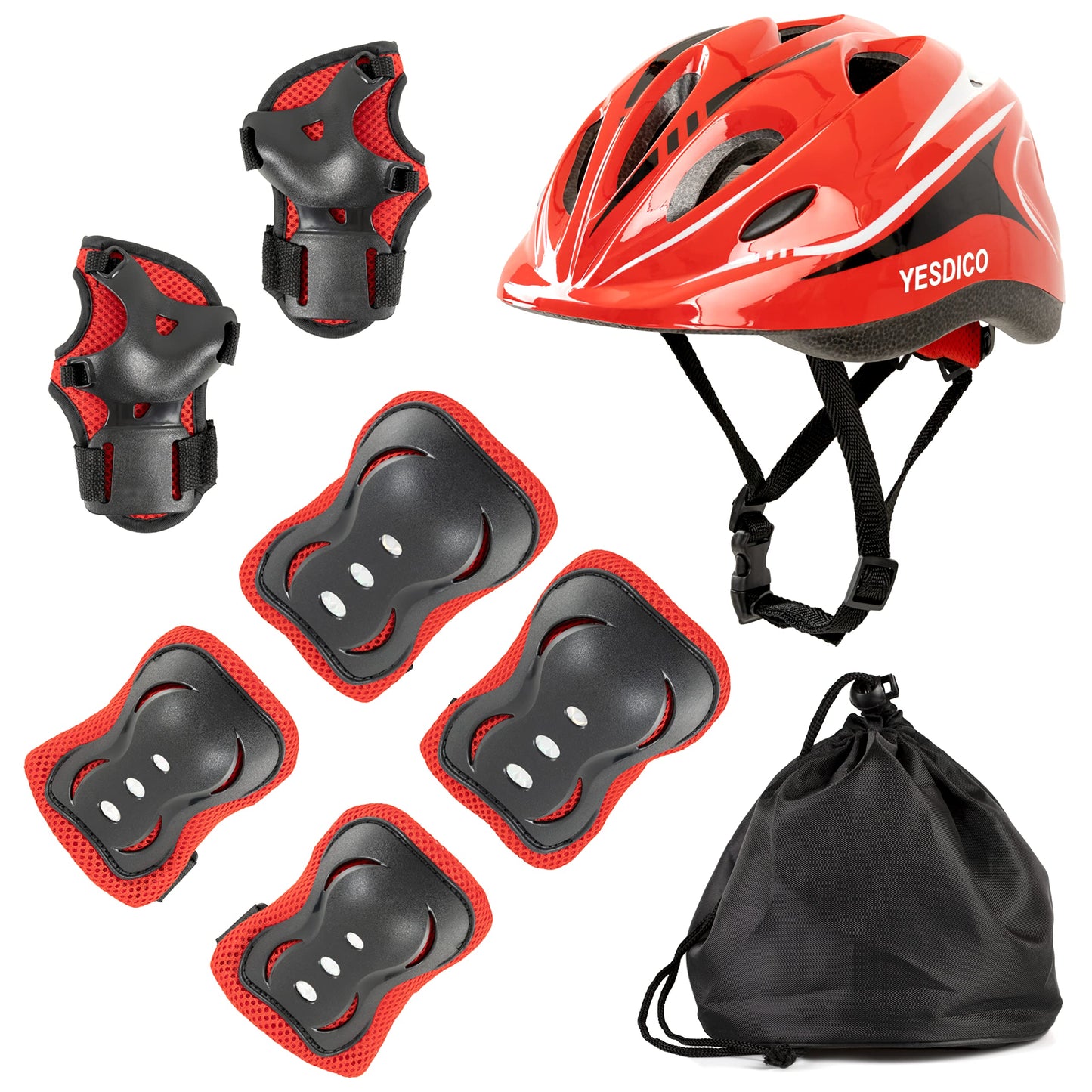 Adjustable Protective Helmet Kids Protective Gear Knee Elbow Pads Wrist Guard Outdoor Sports Safety Bike Scooters Skateboards (Red)