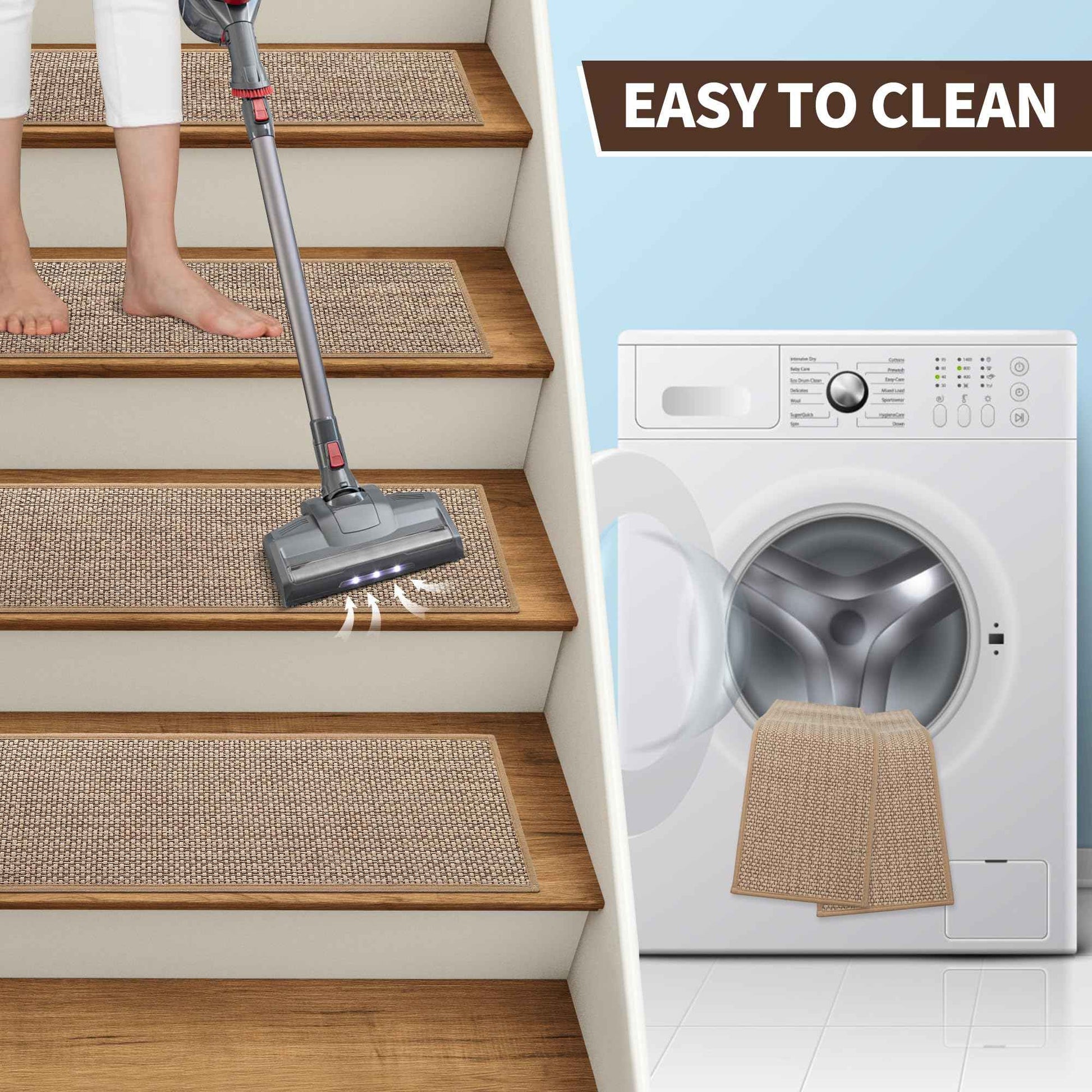 GROWLING Linen Stair Treads for Wooden Steps Indoor 30x8 inch, 4pcs Upgraded Self Adhesive Backing Non Slip Stair Carpets, Peel and Stick Stair Runner Rugs, Reusable Staircase Step Treads(Beige)