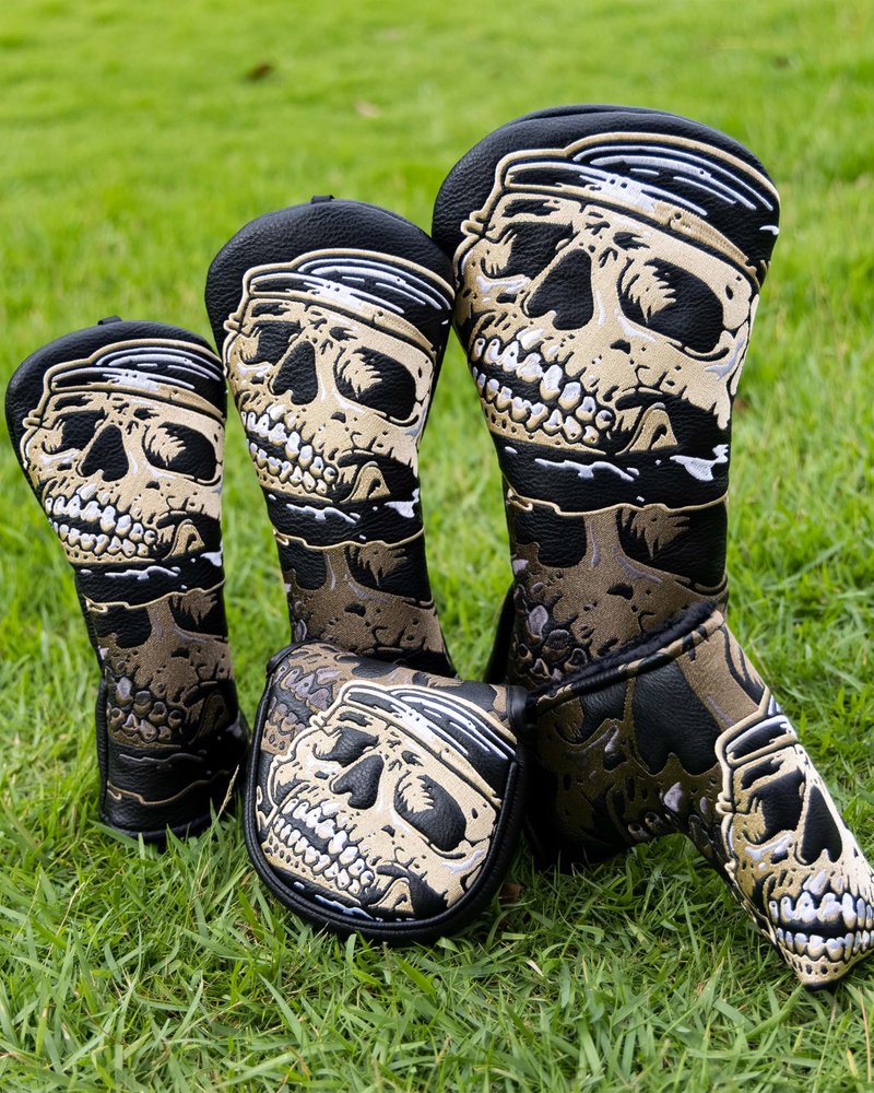 Skull Skeleton Mallet Putter Cover, Golf Club Covers with Magnetic Closure, Premium PU Leather and Advanced Embroidery with Velour Lined Golf Head Covers for Most Brands - Golden Black