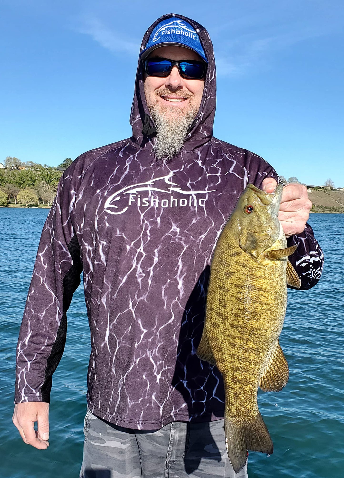 Fishoholic UPF 50 Performance Fishing Shirt - Long Sleeve Hoodie - Loose Keg Fit - Breathable Quick Dry Sun Protection (LSH-BLKh2o-XXL)