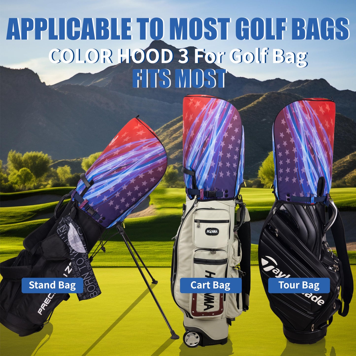 SANDIAN, Flying Stars, Golf Bag Rain Hood Cover, Waterproof 1260D Oxford Polyester, 12x20 Inches, Padded Protection, PU Coated, Two Sided Zipper, Adjustable Buckle Lock Fasteners, Snap Button Locking