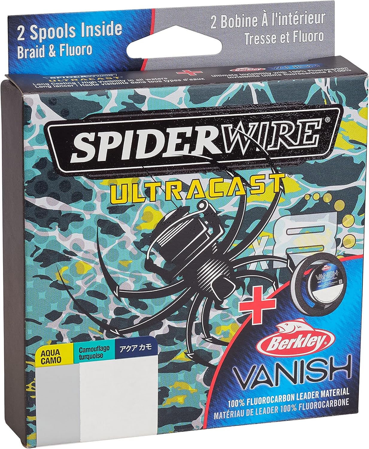 SpiderWire Ultracast Braid Vanish Fluorocarbon Dual Spool, 15lb Aqua Camo Braid with 30lb Clear Fluoro Leader, 164yd | 150m