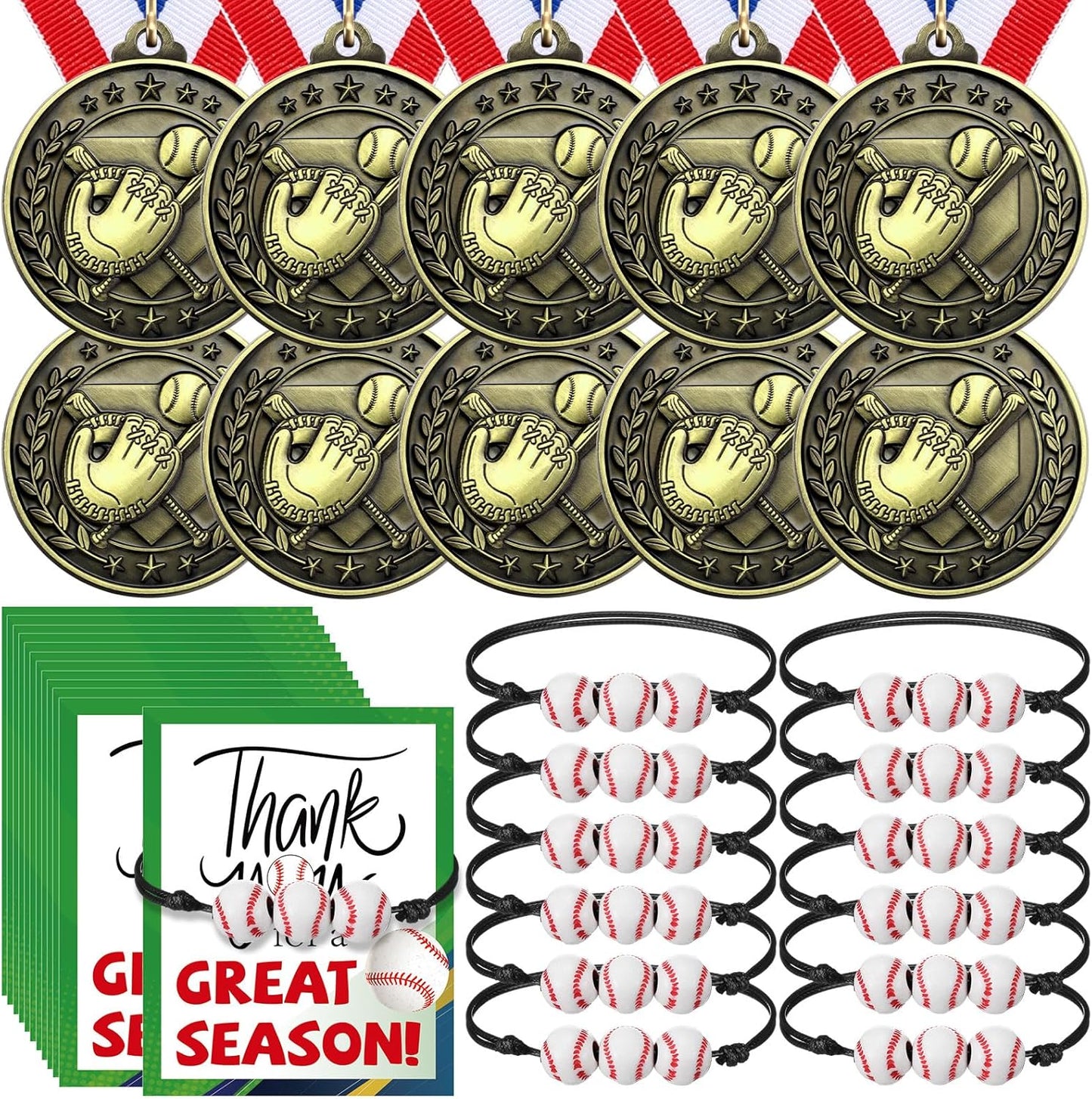 Huquary 12 Pcs Award Medals for Kids - Sports Bracelets & Red White Blue Ribbons | Perfect for Team Competitions