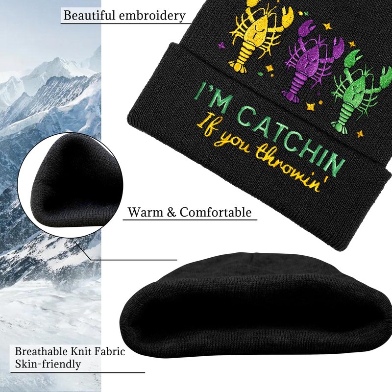 Wpnchsdc Beanie for Men Women, One Size Super Elastic Soft Warm Knit Cuffed Hat, Embroidery Mardi Gras Beanies