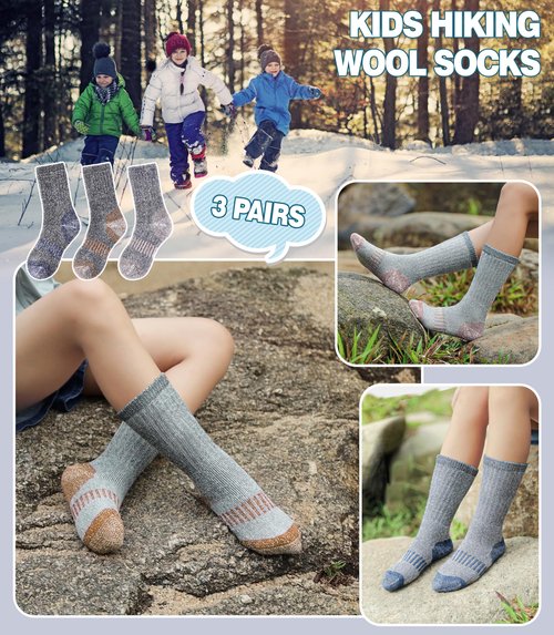 DOSKONI Kids Wool Hiking Socks Boys Girls Merino Wool Socks Thermal Winter Warm Thick Cushion Cozy Boot Crew Socks 3 Pairs-Pink Blue Yellow,12-15 Year Old