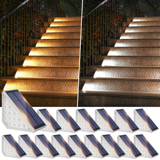 Solar Stair Lights Outdoor Waterproof 16-Pack, Upgraded 2-in-1 LED Warm White and Cool White Solar Powered Step Light for Outside, IP67 Auto On/Off Solar Lights for Front Sidewalk Yard Patio Porch