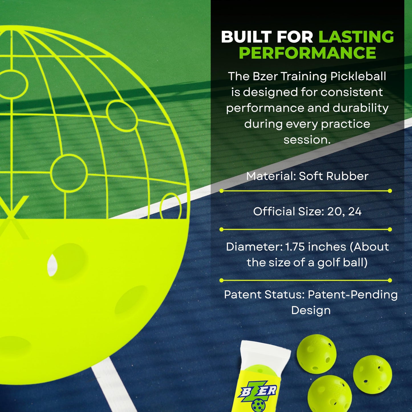 BZER Quiet Pickleball Balls – Mini Pickleballs Silent Rubber Training Ball - Set of 3 for Indoor Outdoor Play, Soft Tiny Practice Trainer, Improve Focus, Boost Control, Training Essentials