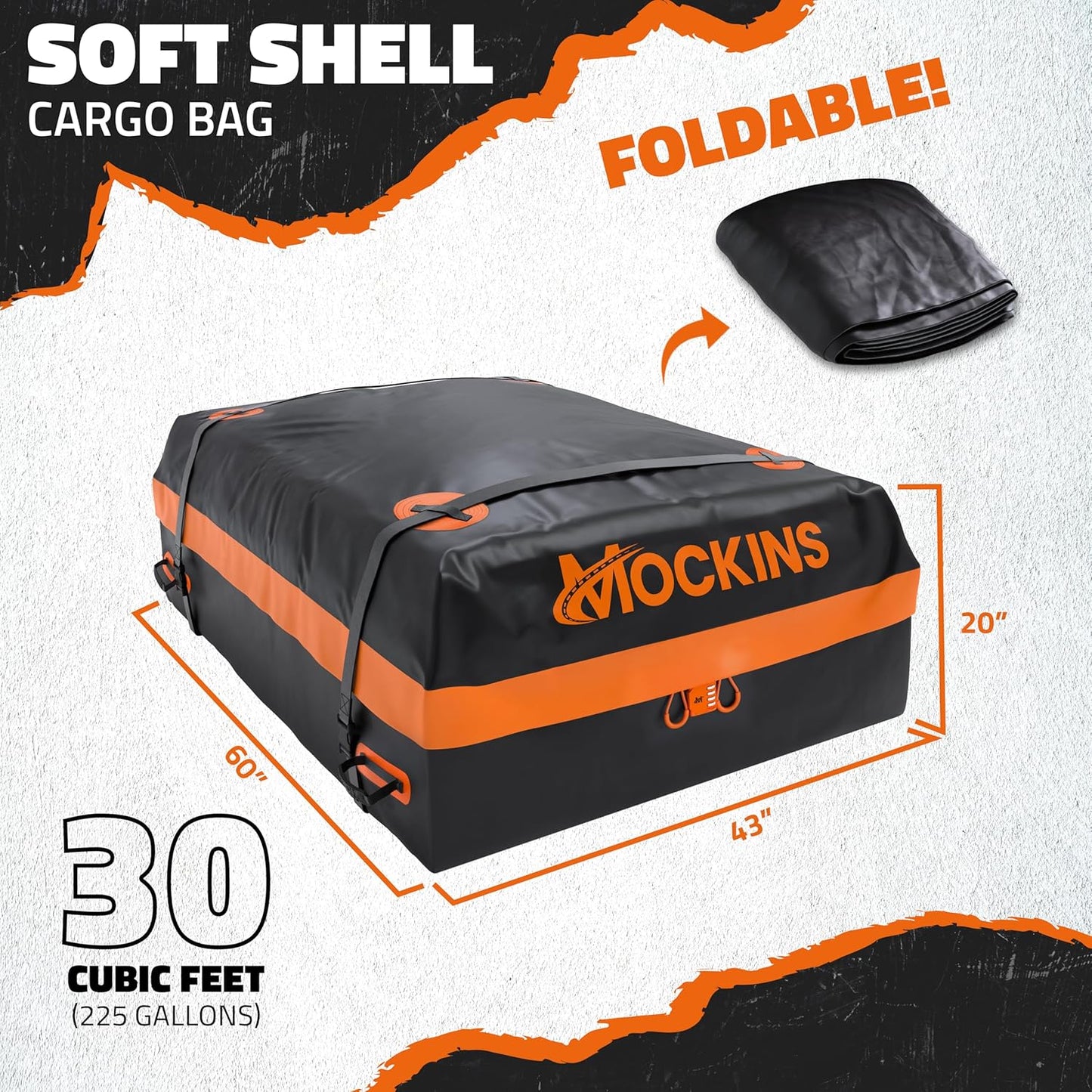 Mockins Rooftop Cargo Carrier Bag - 30 Cu.Ft. All-Weather Soft-Shell Vinyl | 60"x43"x20" for Cars, SUVs & Trucks