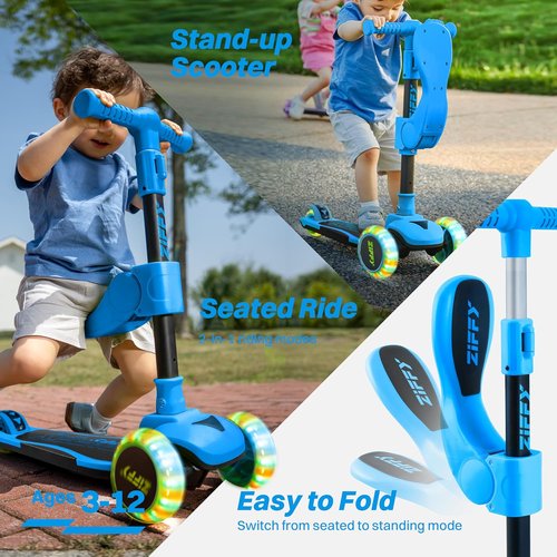 JOVA ZIFFY 2-in-1 Toddler Scooter - Foldable Light-Up Design for Kids 3-12 | Adjustable Height, Anti-Slip Deck