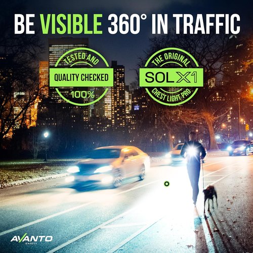 AVANTO SOLX1 Pro Chest Light - USB-C Rechargeable Running Headlamp with Adjustable Beam & Reflective Harness - Black