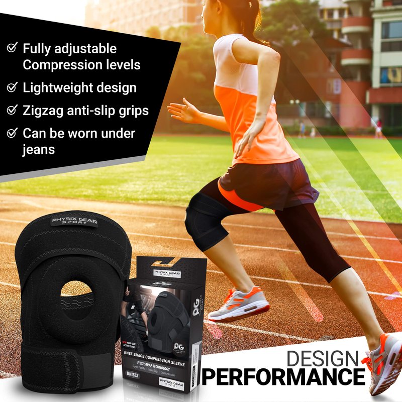 Physix Gear Knee Brace for Men & Women - Adjustable Patella Compression Knee Support for Arthritis, ACL & MCL, Meniscus Tear, Plus Size Knee Brace w/Side Stabilizers, Knee discomfort, Black/Grey, XL