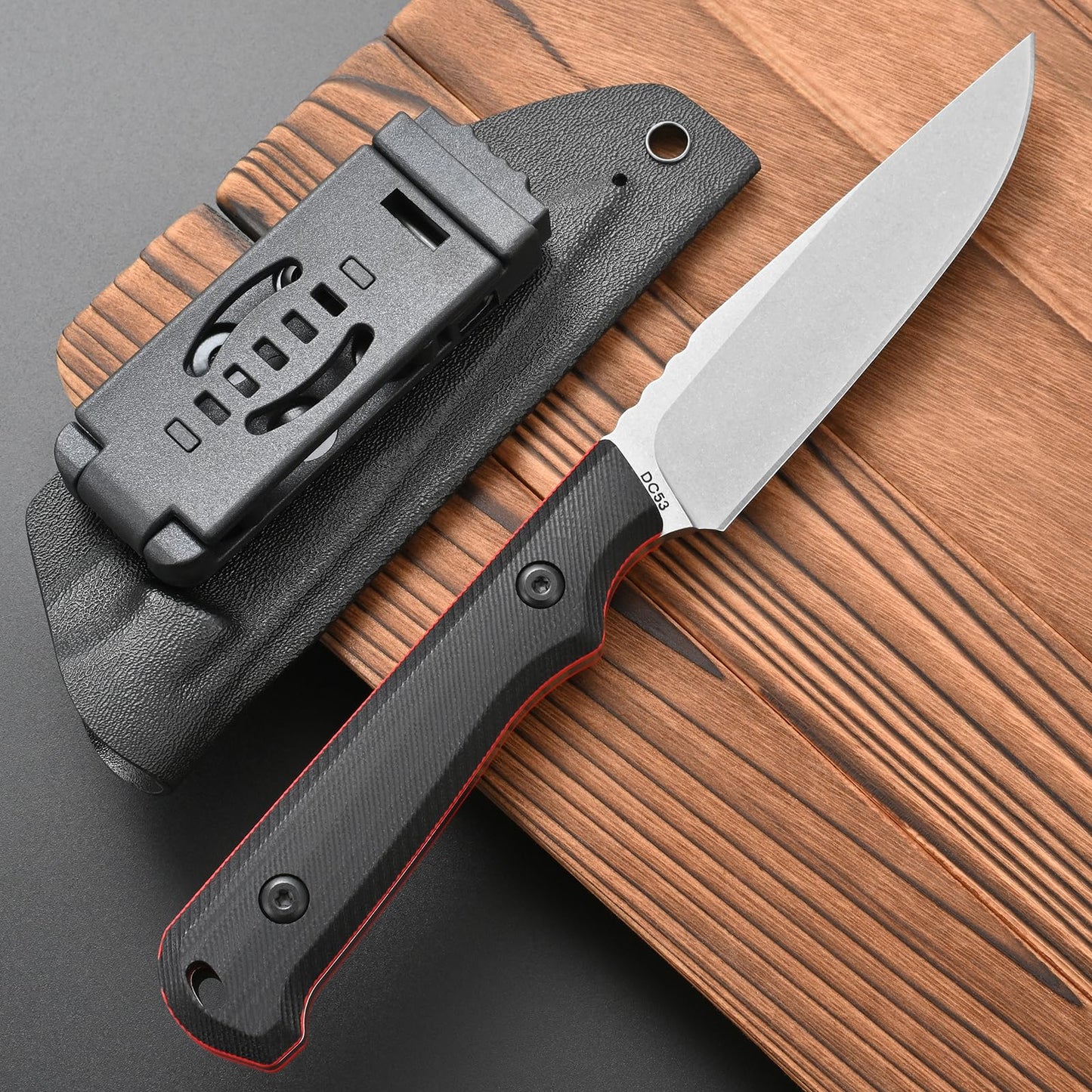 CCFFCC FF108 DC53 Stonewashed Steel Fixed Blade Knife，Double Color G10 Handle Full Tang Knife with Kydex Sheath for Outdoor Camping Hunting Working(Silver)