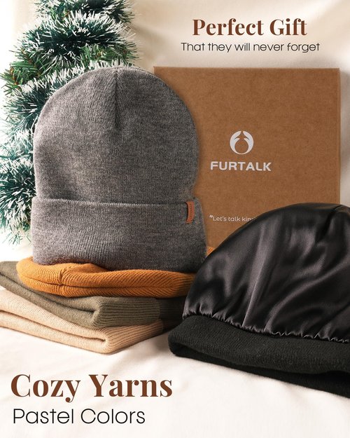 FURTALK 2 Pack Satin Lined Beanie for Men Women Acrylic Winter Hats Warm Silky Skull Cap