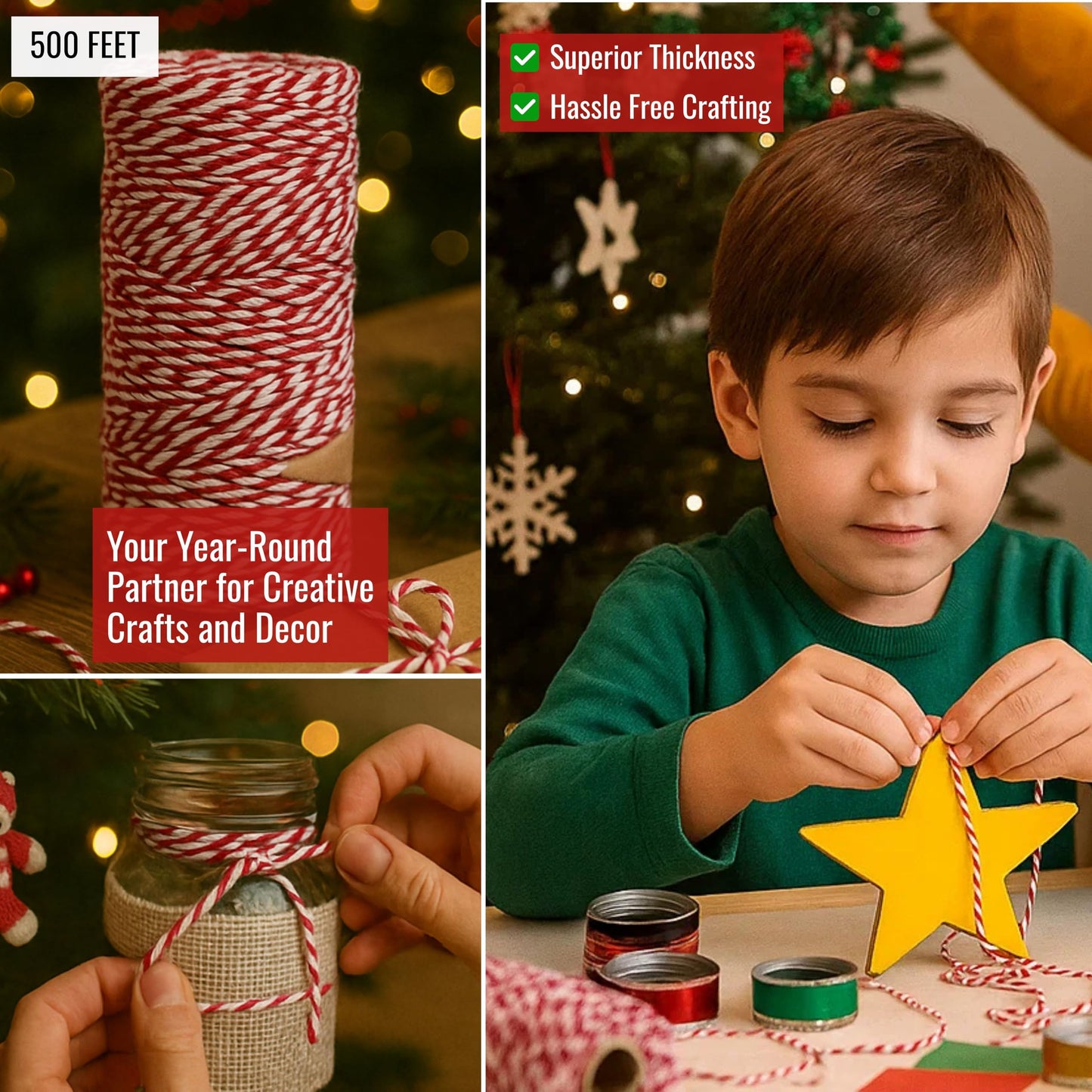 Organic Red and White Twine – 500 Feet Strong Cotton String for Gift Wrapping, Baking, Crafts, Butchering, Holiday Décor, DIY Projects, Packaging & Pastry Boxes