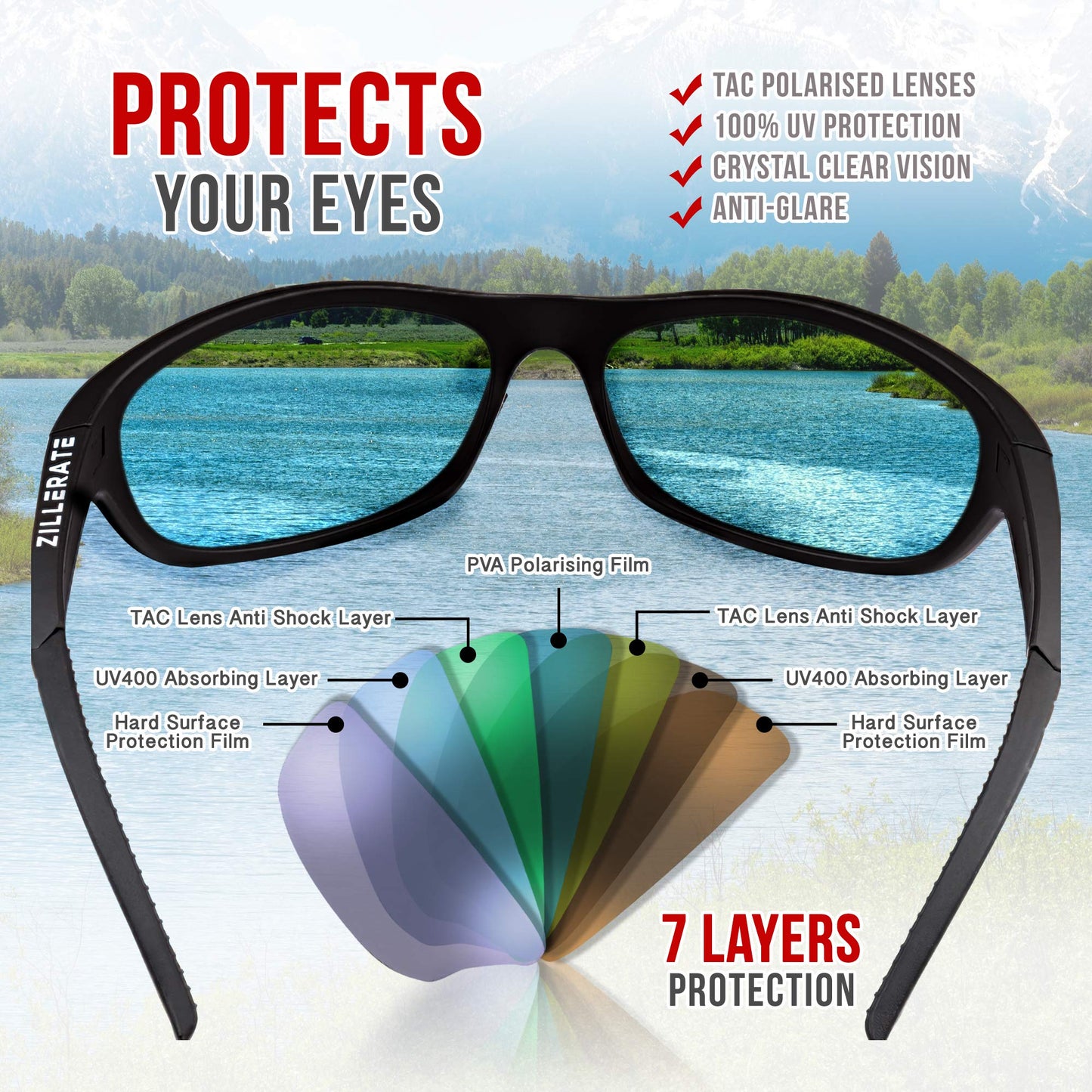 ZILLERATE Polarized Sunglasses For Men - Gafas De Sol Para Hombre - Mens & Womens Sport Sun Glasses, Running Golf Driving Fishing Cycling Sports, 100% UV Protection, Light & Durable Wrap Frame