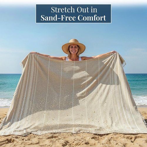 LANE LINEN Picnic Blanket - Sandproof Turkish Beach Blanket, Lightweight & Quick-Dry, 82"x82", Beige