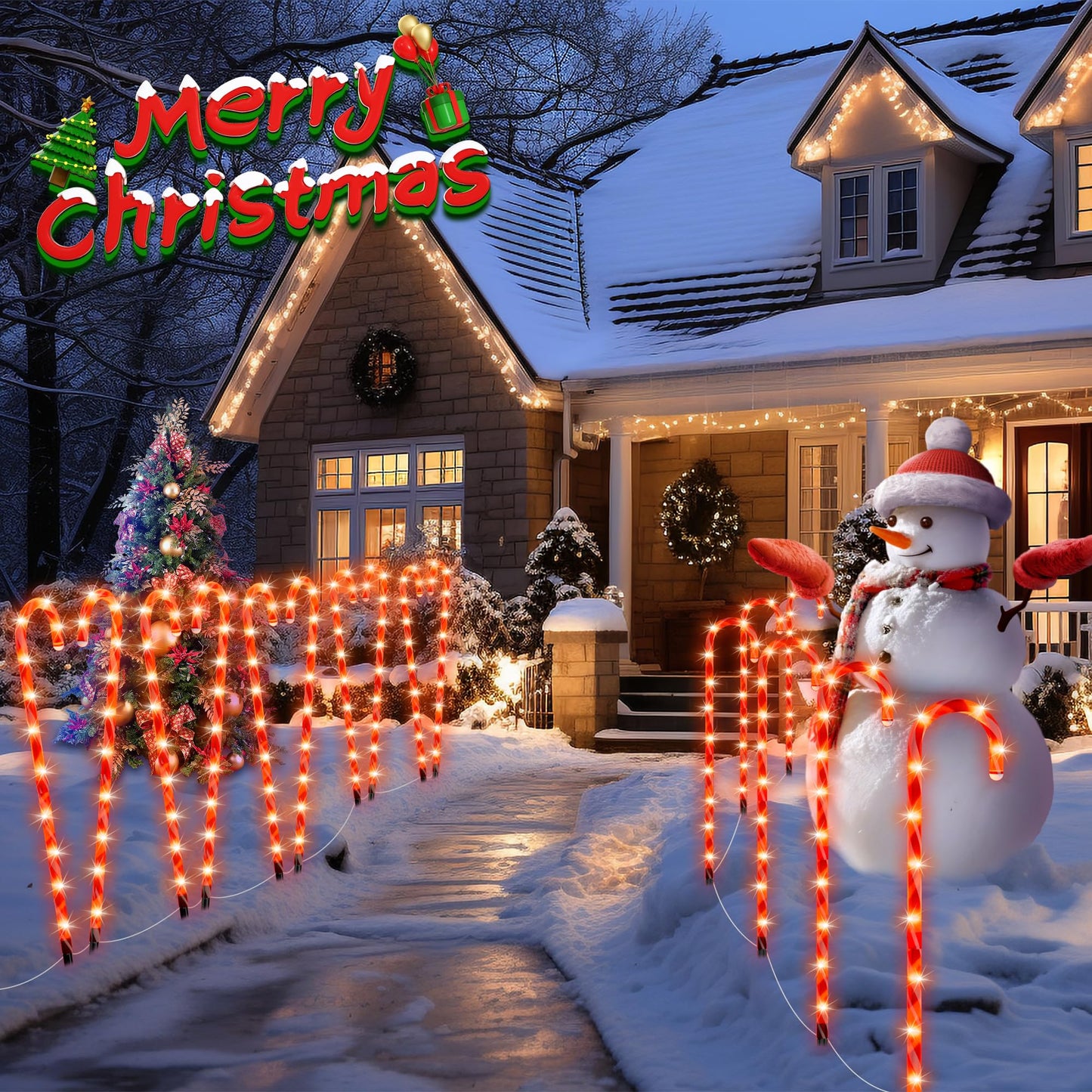 COOLWUFAN 24 Pack Chrismas Candy Cane Lights, 33'' Light Up Candy Cane Chrismas Decoration Outdoor Yard, Waterproof Xmas Outside Decor Pathway Lights