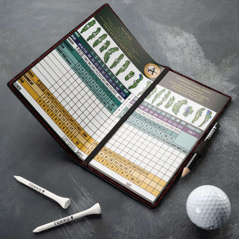 TORRO Large Golf Scorecard Holder – Genuine Leather Pro Golf Score Card Wallet with Card Slot and Pencil (Black with Red Detail)