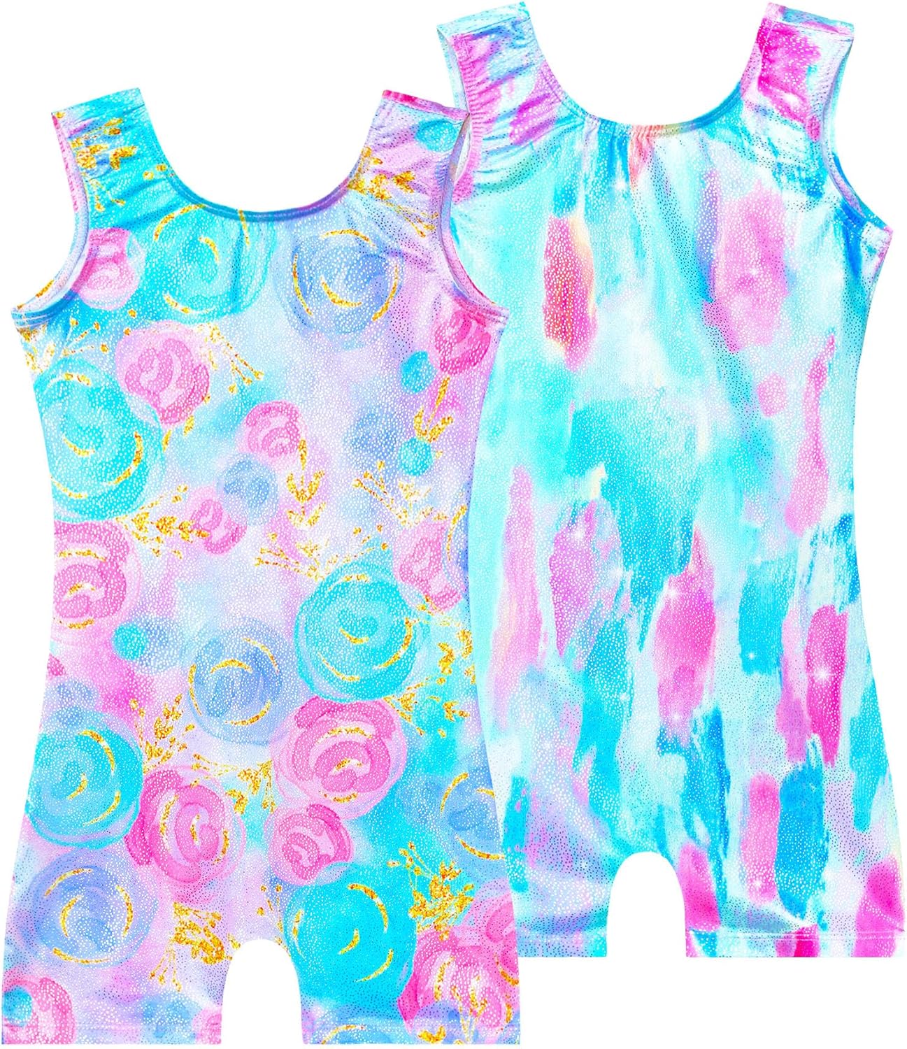Skiennix 2 Pack Girls Gymnastics Leotards - Sparkly Sleeveless Unitards with Shorts