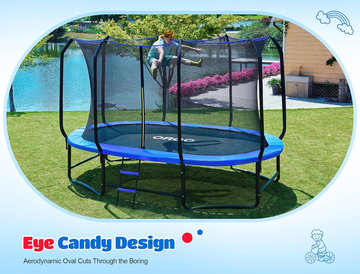 ORCC Oval Outdoor Trampoline - Heavy-Duty Safety Net for Kids | Durable Galvanized Steel Frame
