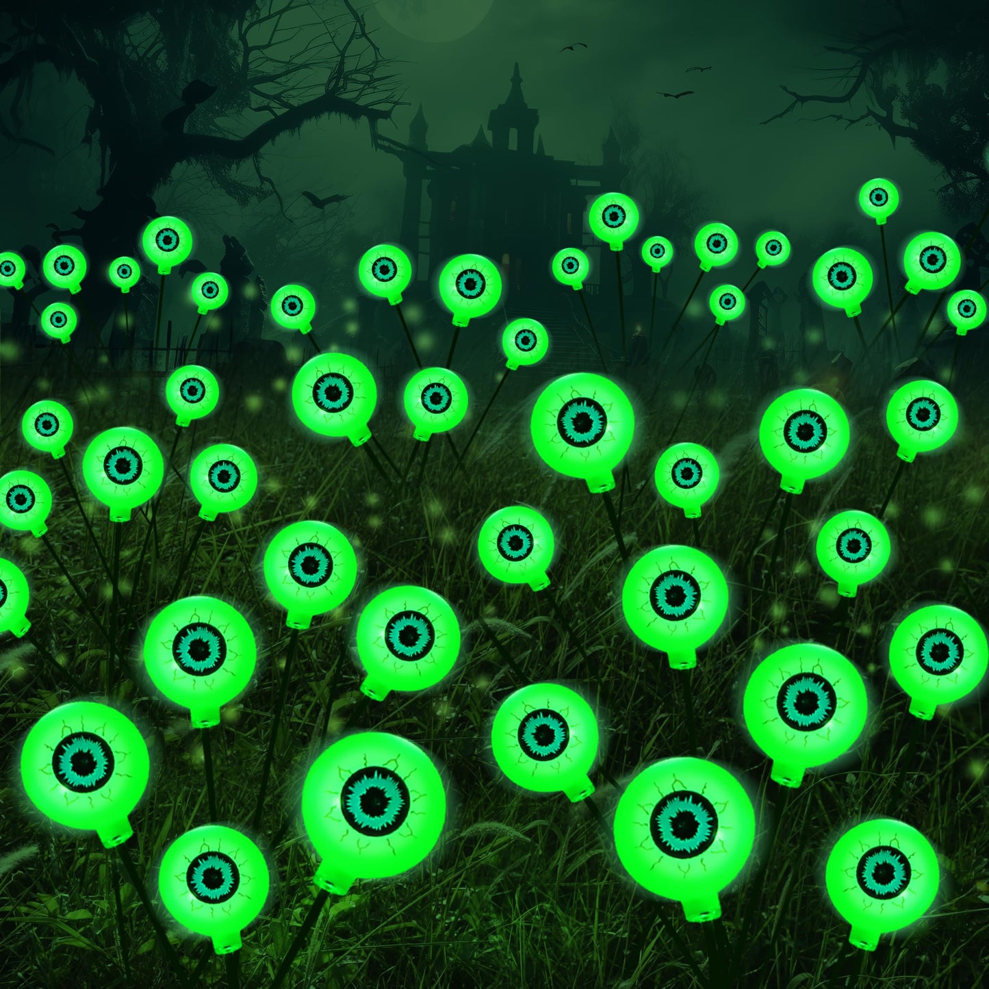 JOYIN Halloween Decorations Outdoor Solar Scary Eyeball Lights, 2 Pcs 12 LEDs Green Pathway Yard Stakes, Waterproof Firefly Lights for Halloween Graveyard Yard Garden Patio Walkway Party
