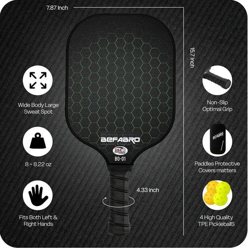BeFabro Pickleball Paddles Set of 2 | USAP Approved Fiber Glass Pickleball Rackets with Spin Surface, Pro Power & Honeycomb Core - 4 Pickleballs, 2 Paddle Covers, Grip Tape & Bag for Pro & Beginner