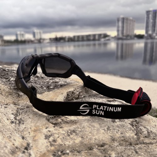 Platinum Sun Polarized Floating Sunglasses Men Women - UV400 Swimming Goggles Men & Women with Anti-Slip Strap & Foam Padding (Black-red)