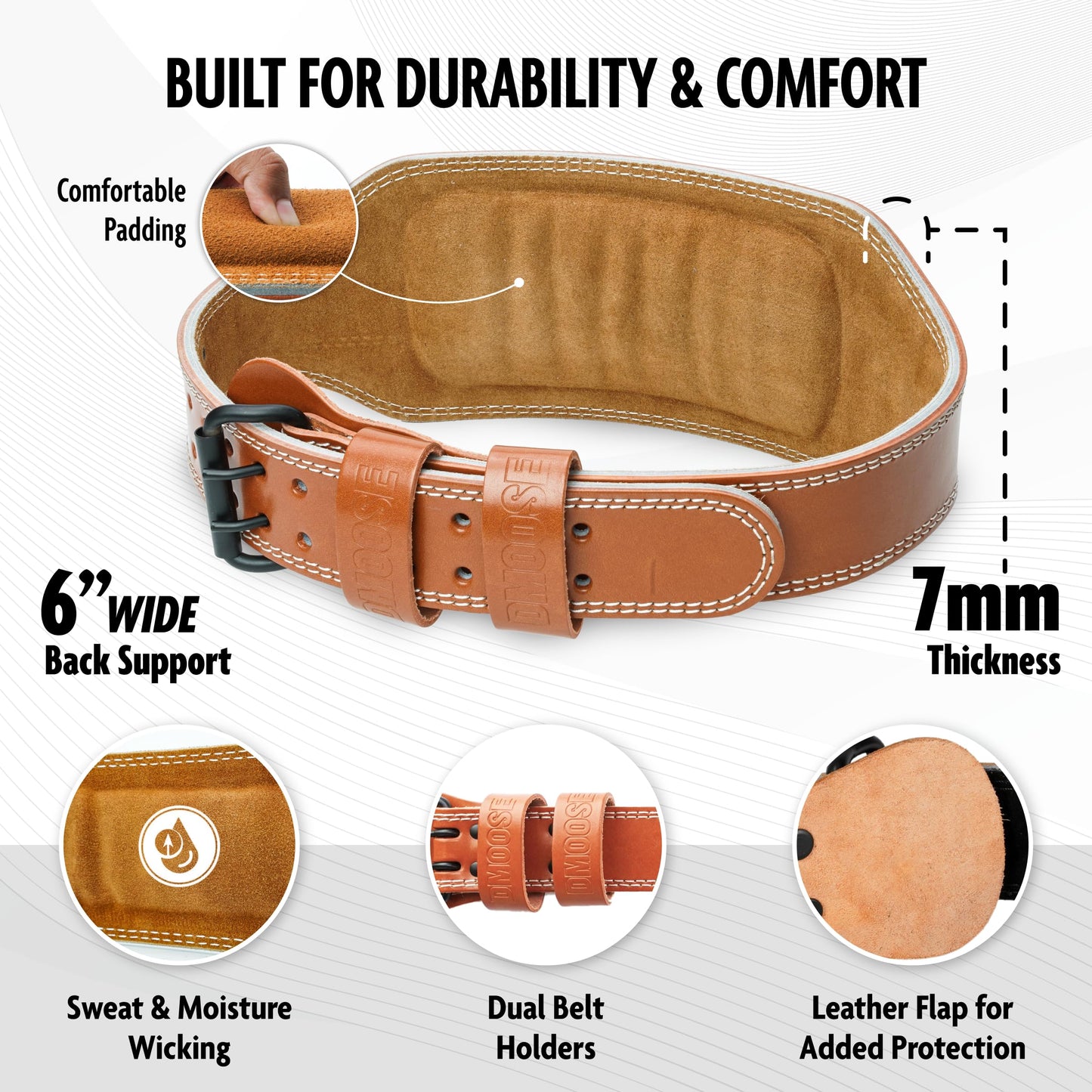 DMoose lifting belts for men - Squat and belt for gym - 7MM Premium Cushioned Lumbar Support - Genuine Leather, Adjustable, Comfortable work out belt 4" Brown M