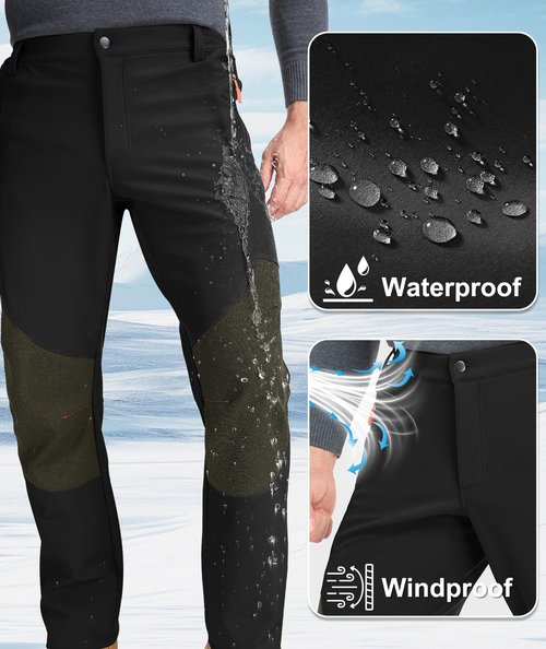 Zoofly Mens Winter Pants Waterproof Thermal Snow Pants Warm Fleece Lined Hiking Pants with Zip Pockets Black