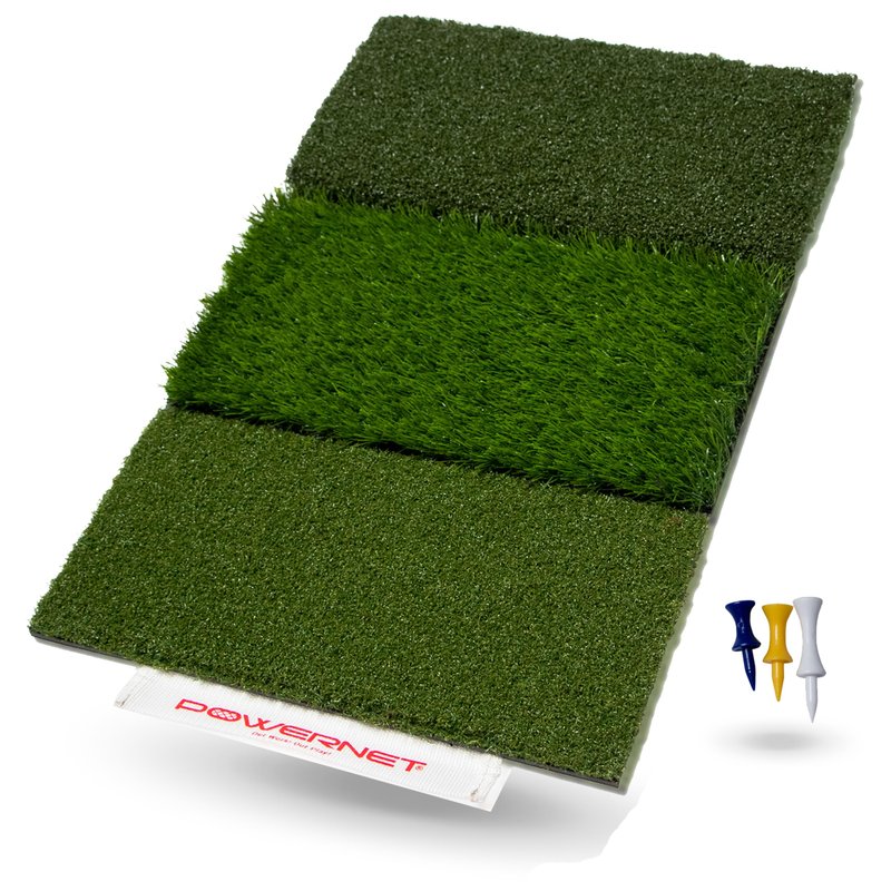 PowerNet Tri-Turf Golf Hitting Mat, Artificial Grass Practice Mat, 25" x 16" Hitting Space, Golfing Accessories Training Aid to Improve Swings