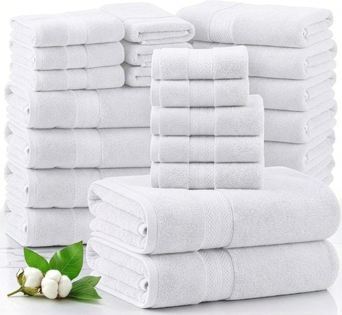 LANE LINEN 100% Cotton Bathroom Towel Set - Soft, Absorbent & Durable | 24-Piece Hotel & Spa Quality - White