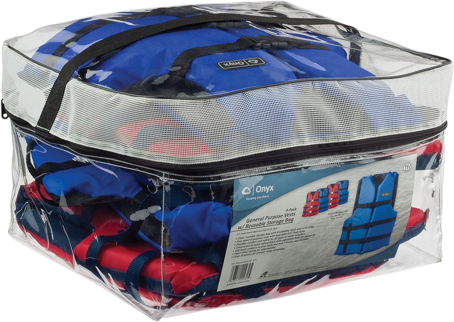 Onyx Life Vest | Adult Universal Fit - 4-Pack in Red & Blue, 30-52 Inch Chest, For 90+ lbs