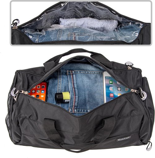 Kuston Sports Gym Bag - Versatile Duffel with Shoe Compartment, Trolley Sleeve & Wet Pocket