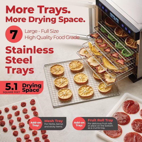 Magic Mill Pro Food Dehydrator - Powerful 600W Even-Drying System | 7 Stainless Steel Trays | 95°-176° Temp Control & Timer