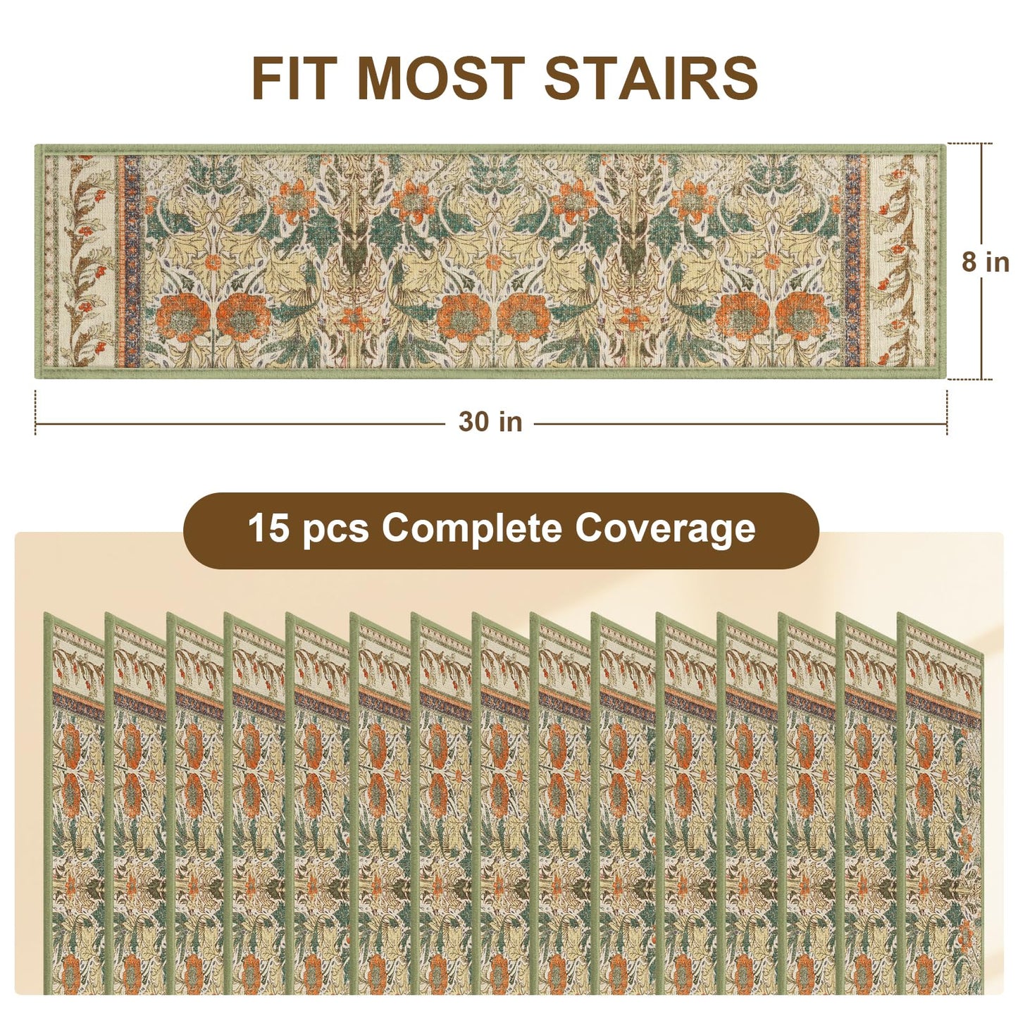 Non Slip Stair Treads for Wooden Steps Indoor, Sage Green, 15pcs, 30"X8", Soft Carpet Mat, Machine Washable Boho Carpet Treads with Reusable Adhesive Backing, Safety Stair Tread for Dog, Kid, Elder
