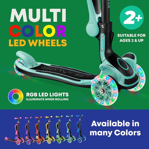 3 Wheel Scooter for Kids with Foldable Seat, Adjustable Handlebar Height, Lean-to-Steer Ride On Toy for Kids Ages 2+, Light-Up LED Wheels, Wide Anti Slip Deck, Indoor & Outdoor Use, Teal