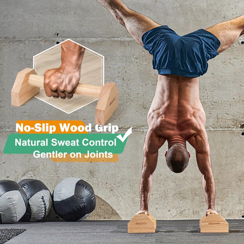 MIUONO Parallettes Push Up Bar, Oak Wood Calisthenics Equipment for Home Gym with Non-Slip Base, Handstand Trainer Push Up Handles for Floor Dip Workout and Strength Training