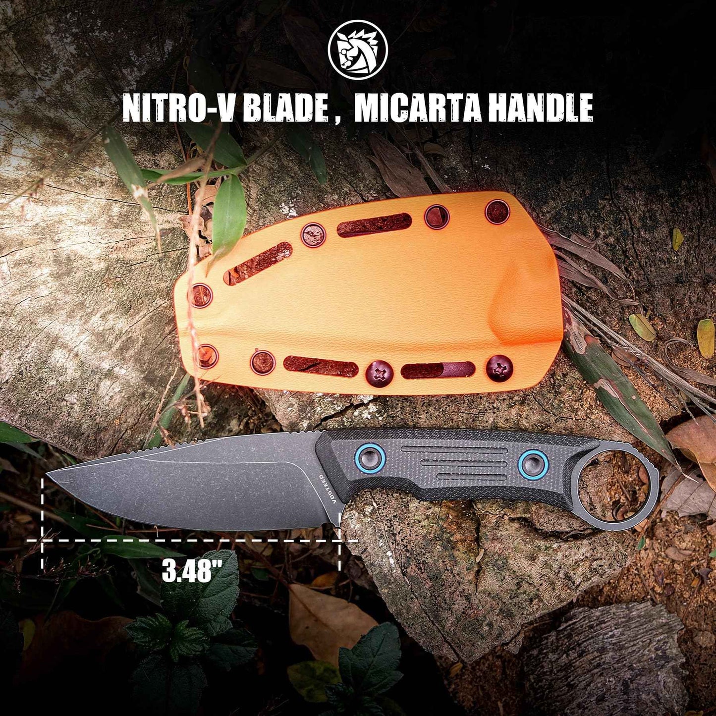 Vosteed Full Back Series EDC Fixed Blade Knife - 3.48" Nitro-V Steel Blade with Sheath, Black Micarta Handle with Finger Loop - Camping Hiking Knives - D0301