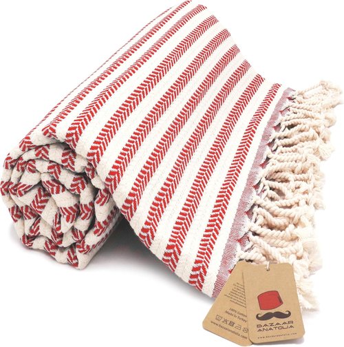 Bazaar Anatolia Turkish Beach Towel - Oversized 100% Cotton, Quick Dry & Sand Free - 71x39 Inches in Arpa Red