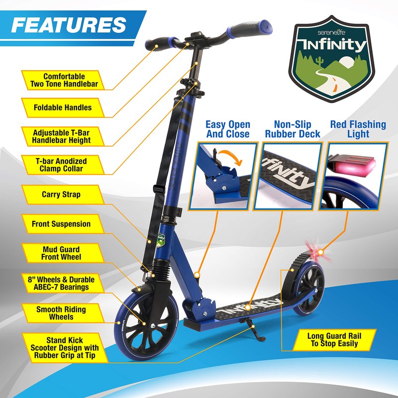 SereneLife Foldable Kick Scooter - Stand Kick Scooter for Teens & Adults with Rubber Grip at Tip, Alloy Deck, Adjustable T-Bar Handlebar Height, Smooth Gliding Wheels, Easy Maneuvering (Blue)
