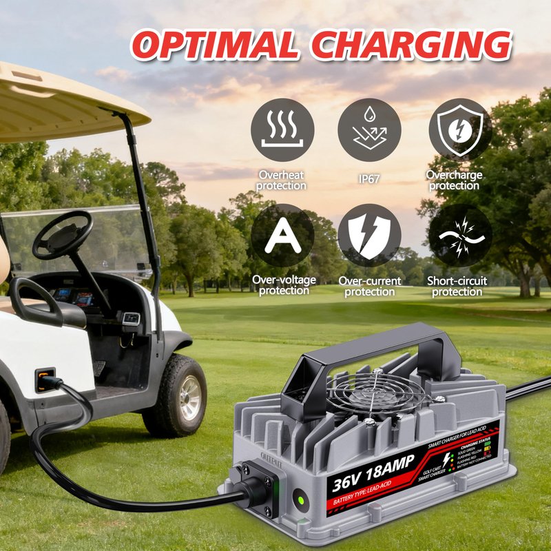 18 Amp 36 Volt Golf Cart Battery Charger for EZGO TXT - D-Style Plug, Smart Charger for Lead-Acid Batteries, IP67 Waterproof, Multi-Protection, Unique Design (Silver)