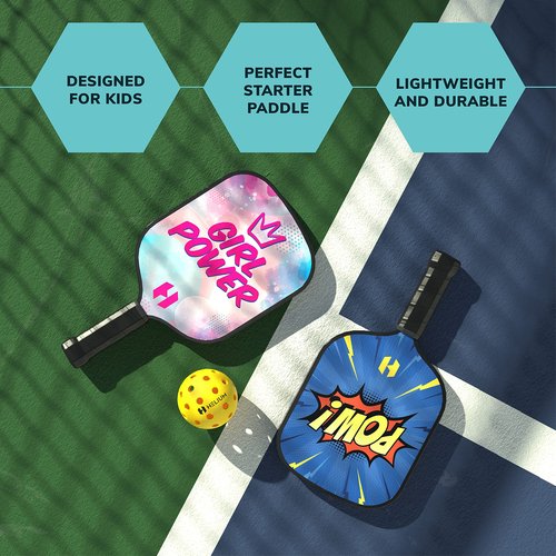 Helium Pickleball Paddle for Kids – (2 Pack - POW! and Girl Power) Child Size, Lightweight Honeycomb Core, Graphite Strike Face, Premium Comfort Grip, 2 Pickleball Paddles & 2 Drawstring Bags