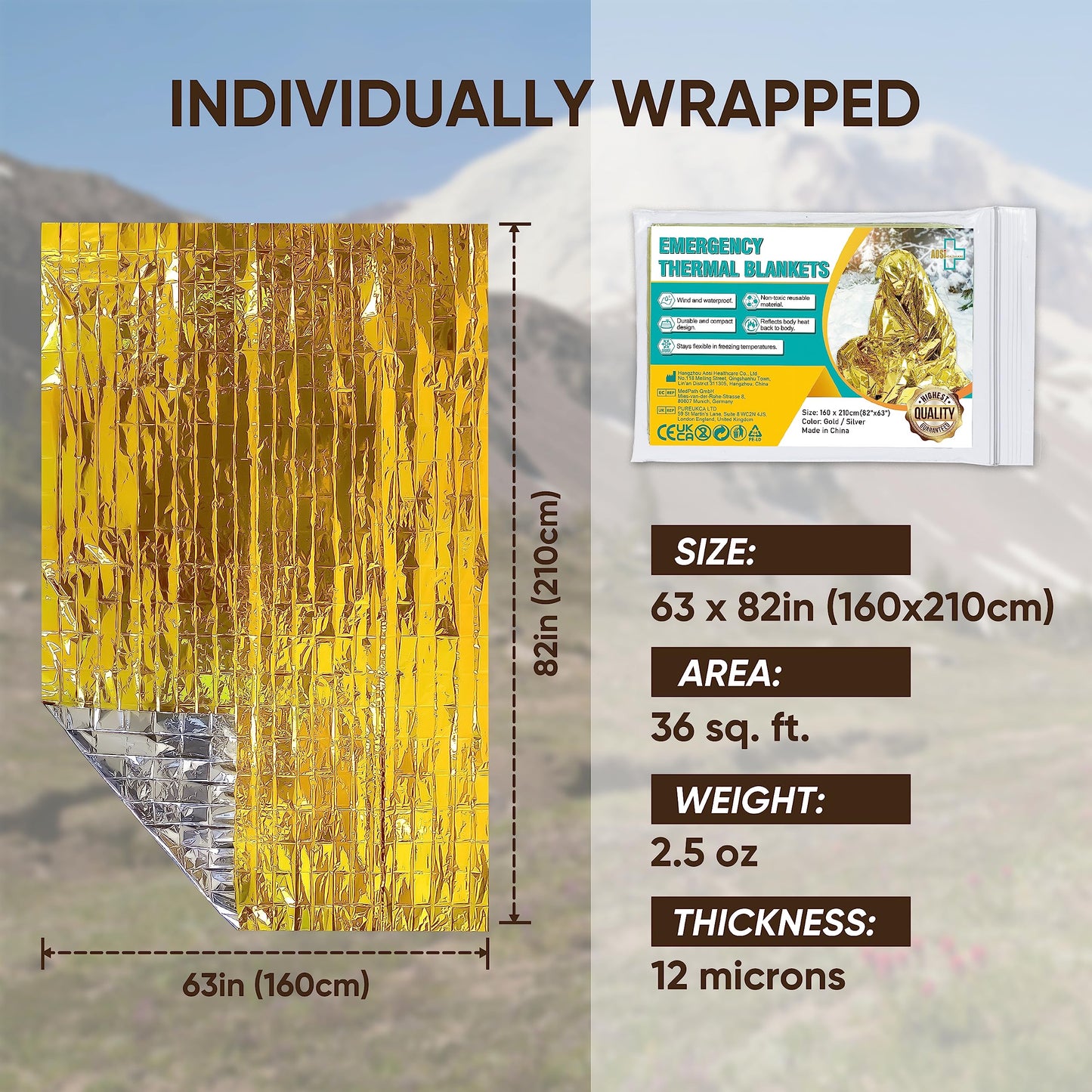 General Medi Emergency Blanket (12-Pack), Emergency Gold Foil Blanket– Perfect for Outdoors, Hiking, Survival, Marathons or First Aid
