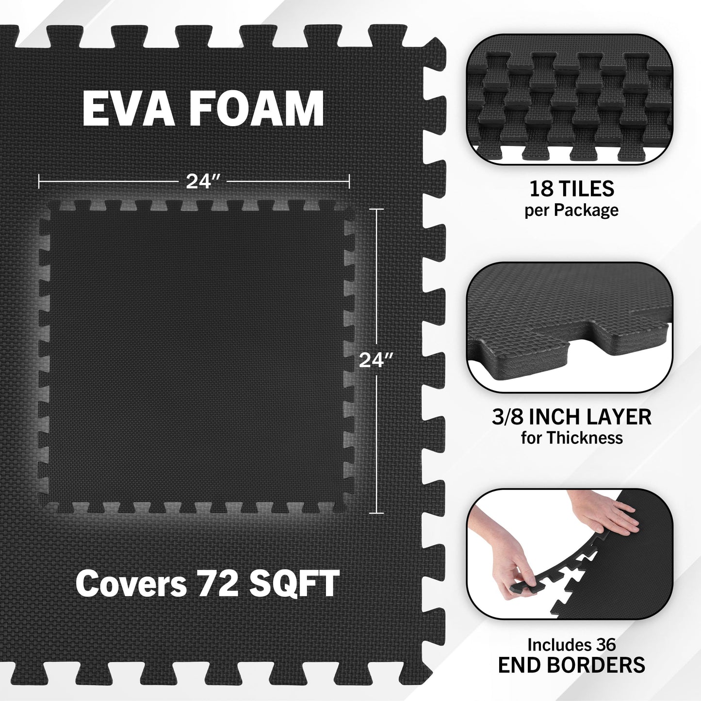 EVA Foam Mat Tiles 18-Pack - 72 SQ FT of Interlocking Padding for Garage, Playroom, or Gym Flooring - Exercise Mat or Baby Playmat by Stalwart (Black)