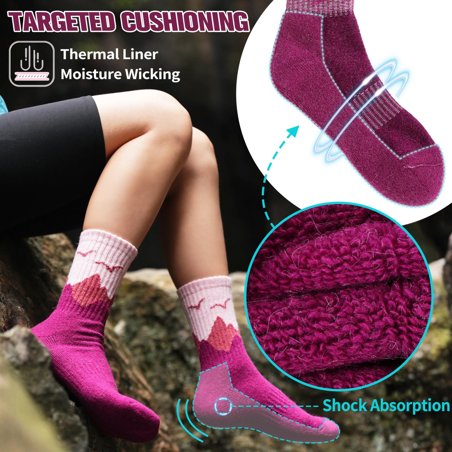 EBMORE Womens Merino Wool Hiking Socks Thermal Warm Winter Boot Crew Cushion Work Gift Socks 5 Pairs(Dark Gray/Black/Rose Red,L)