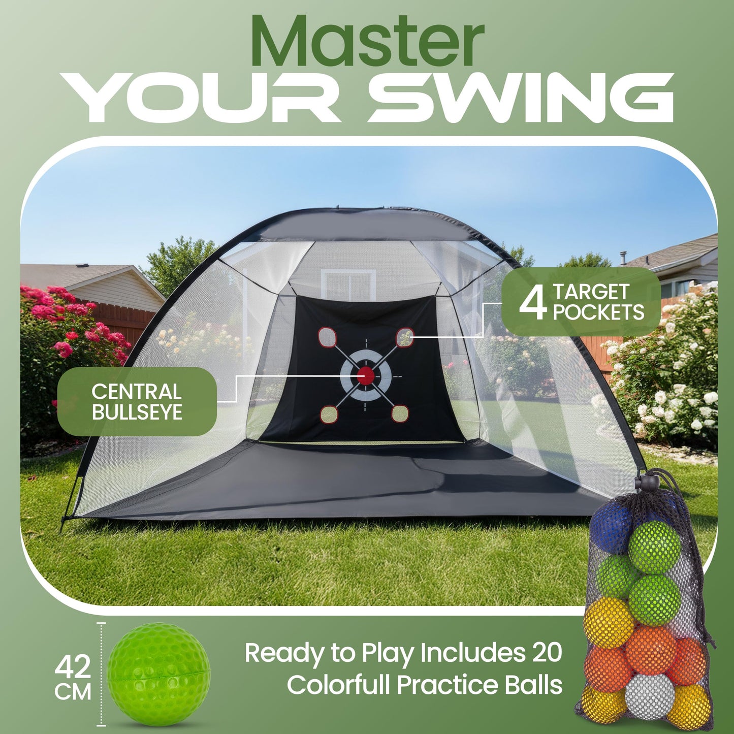 Golf Practice Net for Backyard 10x7ft – Golf Hitting Net for Backyard with Tri-Turf Mat, 20 Pack Foam Balls, Training Driving Chipping Swing – Indoor Outdoor Sports for Men, Dad, or Home Training