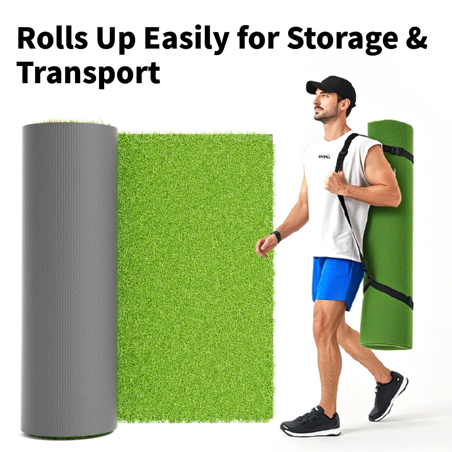 GSK Dual Turf Golf Hitting Mat 5x4FT with Ball Tray Holds 15-20 Balls Practice 45mm Thick Training Pad Driving Chipping Grass EVA Base Swing Rollable Portable Indoor Backyard Outdoor Simulator Use