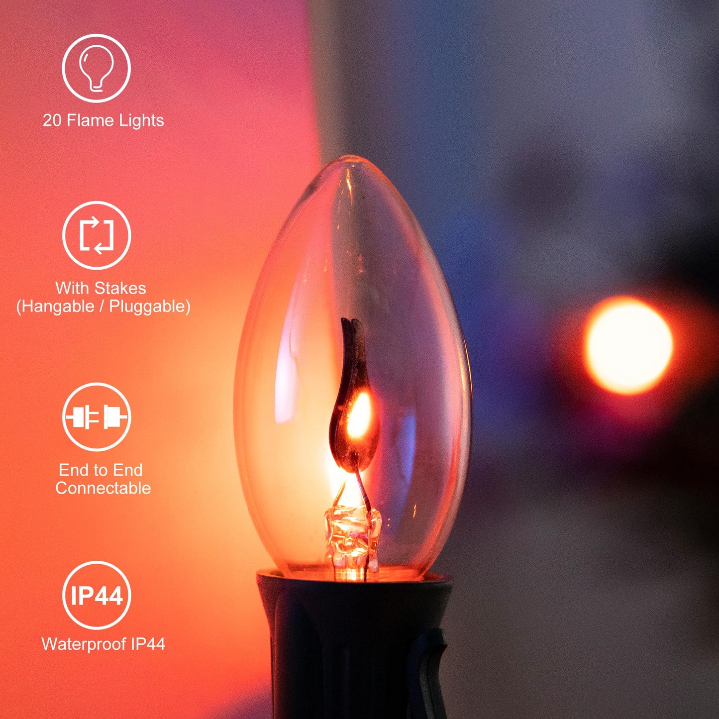 Flickering Flame String Lights Outdoor - C9 Pathway Flicker Fire Light Strand Plug in - Blood Twinkle Flames Light Bulbs for Fireplace Walkway - Halloween Decorations Twinkling Orange Bulb Lights