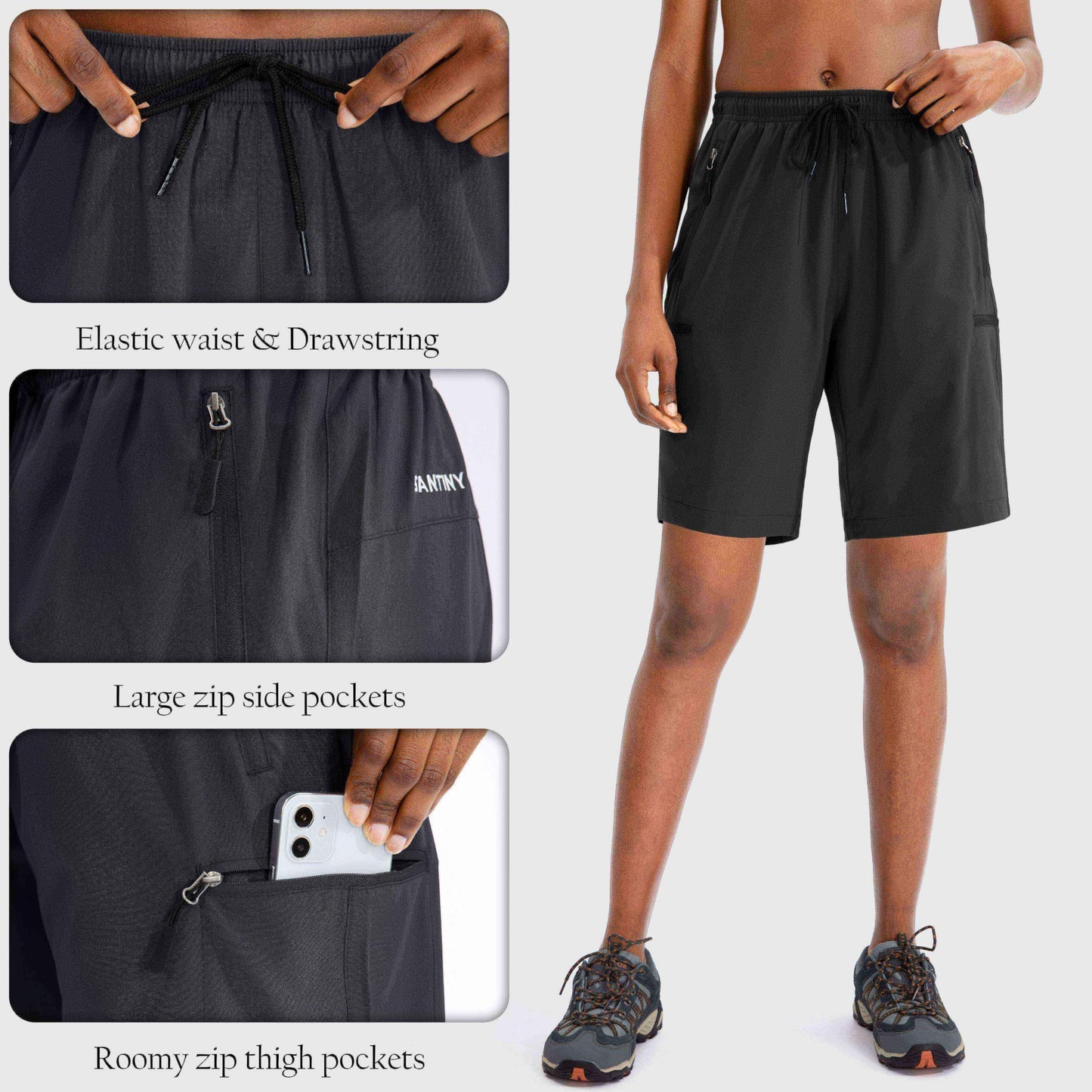 SANTINY Women's 5''/ 7''/9'' Hiking Cargo Shorts Zipper Pockets(Black_XL)